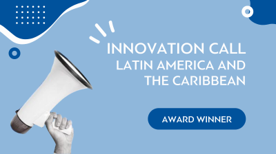 Hand holding a megaphone against a blue background with text "innovation call latin america and the caribbean, award winner".