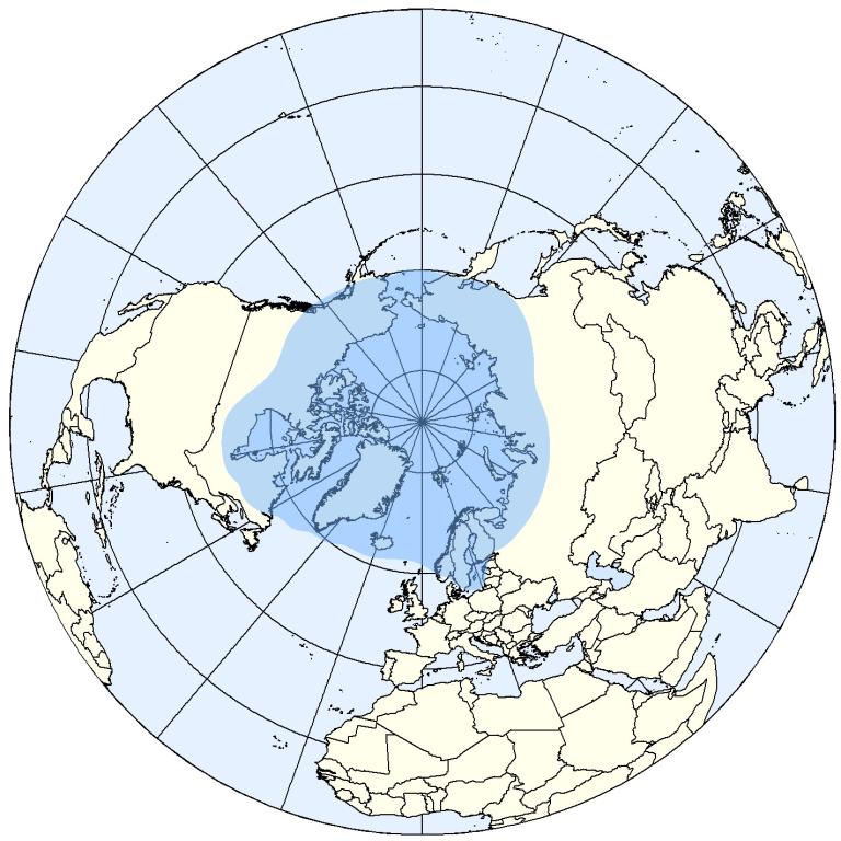 A polar projection map depicting the arctic circle with surrounding continents.