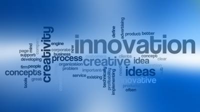 Word cloud centered around "innovation" with related business and creativity terms on a blue gradient background.